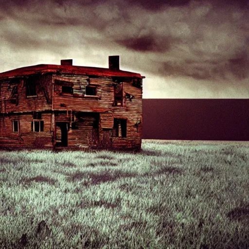 Image similar to an abandoned old rusty American house on a field in style of Zdislaw Beksinski