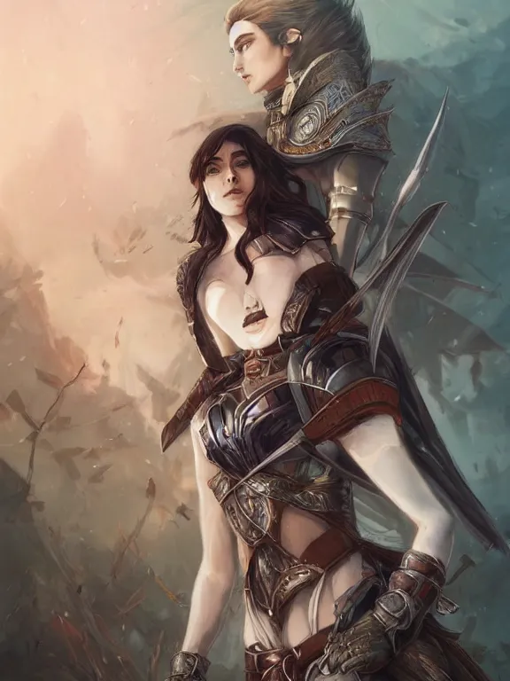 Image similar to a beautiful hyper realistic detailed epic concept art showing a noble knight women and her spirit raccoon above her, by artgerm, charlie bowater and harumi hironaka, in the style of dragon age, featured on artstation