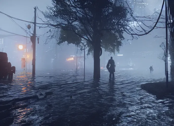 Image similar to dark, misty, foggy, flooded chicago city street, swamp and grunge in destiny 2, liminal creepy, dark, dystopian, abandoned highly detailed 4 k in - game destiny 2 gameplay showcase