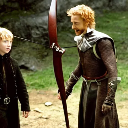 Prompt: movie still of hugh jackman as wilhelm tell and macaulay culkin as his son. scene of tell shooting arrow from the head of his son, in the style of lord of the rings