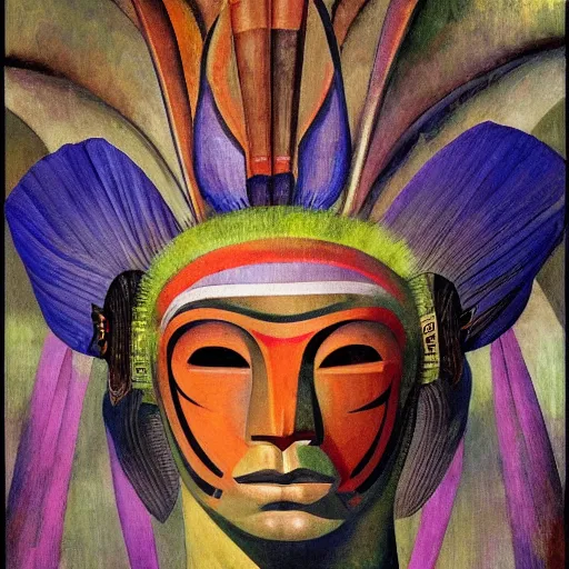 Prompt: head of a beautiful boy wearing a mask made of metal flowers, by diego rivera and john watkiss, art deco shaman, stylized flowers, art brut, symbolist, dramatic lighting, god rays, iridescent beetles, clean crisp graphics, smooth sharp focus, extremely detailed