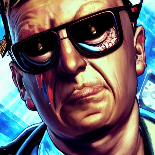 Image similar to [UHD Professor Duke Nukem as a GTA character on the streets of futuristic laserpunk Las Vega, correct face, intricate facial details, symmetrical face, elegant, graphic detail, digital painting, trending on artstation, concept art, tonalism, sharp focus, illustration, art by Akira Toriyama and Greg Rutkowski and Alphonse Mucha]