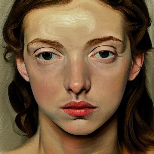 Image similar to high quality high detail painting by lucian freud, hd, girl portrait black eye shadows, photorealistic lighting
