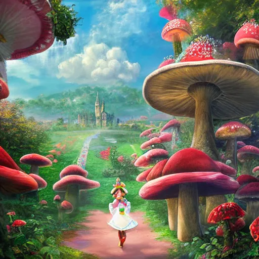 Image similar to portrait of princess peach from Mario, running up a hill of exotic flowers in the Mushroom Kingdom, giant red and white spotted mushrooms, and roses, from behind, Castle in distance, birds in the sky, sunlight and rays of light shining through trees, beautiful, solarpunk!!!, highly detailed, digital painting by Michael Garmash and Peter Mohrbacher