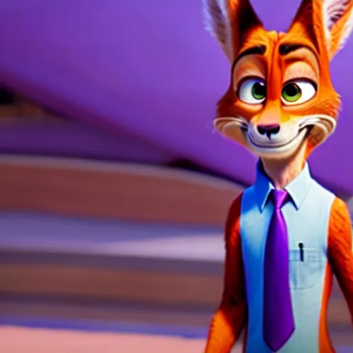 Image similar to Nick Wilde (from Zootopia) wearing a purple uniform