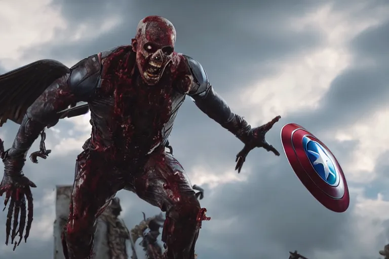 Image similar to film still of zombie zombie Sam Wilson falcon with metal wings out in new avengers movie, 4k