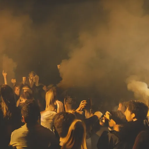 Image similar to yellow smoke surrounding a bunch of young people in a night club, surreal, dreamy