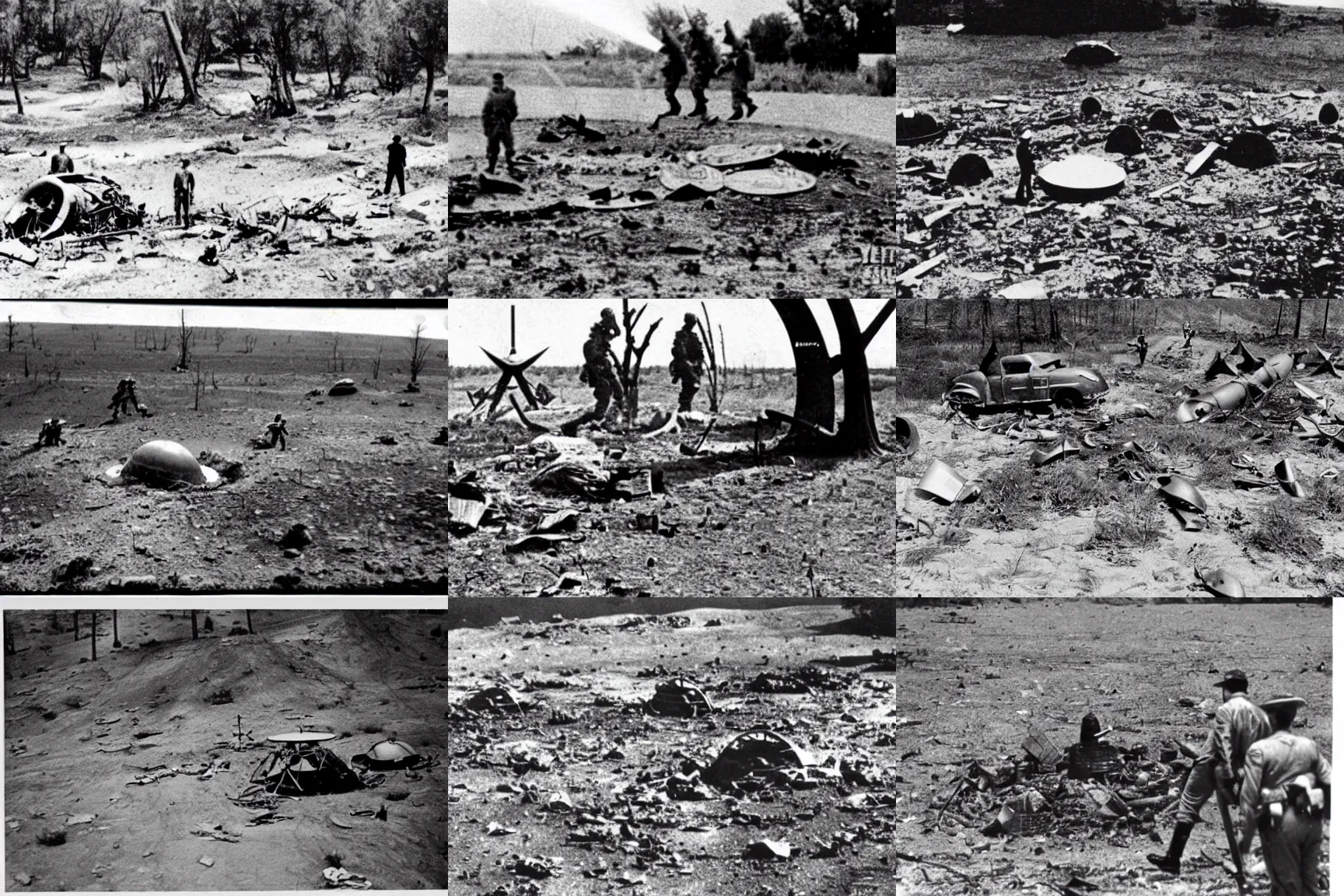 Prompt: old photograph of flying saucer crash site, debris field, military soldiers investigating, aliens on ground, 1946