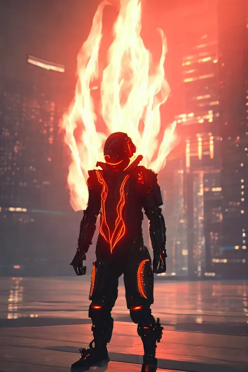 Image similar to Cyberpunk Flame Suit, fantasy, photorealistic, glowing eyes, 4k, cinematic lighting