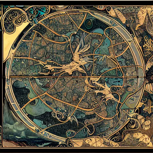 Prompt: the map of my dreams, fantastical creatures, art nouveau, inks, drawing, studio ghibly, high-detail, 8k