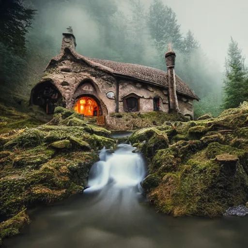 Image similar to inside a medieval hobbit home, ornate, beautiful, atmosphere, vibe, mist, smoke, chimney, rain, wet, pristine, puddles, waterfall, melting, snow, creek, lush, ice, bridge, forest, flowers, akihiko yoshida