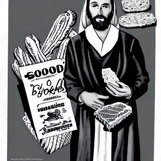 Image similar to jesus dressed as a 1 9 5 0 s advertising executive holding bread and fish