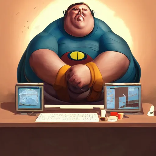 Image similar to a insanely detailed painting of a slightly overweight man wearing a homemade superhero costumed, sitting at a computer desk, nervously and clicking on the mouse, in the style of peter mohrbacher, dramatic lighting and composition, trending on artstation, concept art, comic book, graphic novel