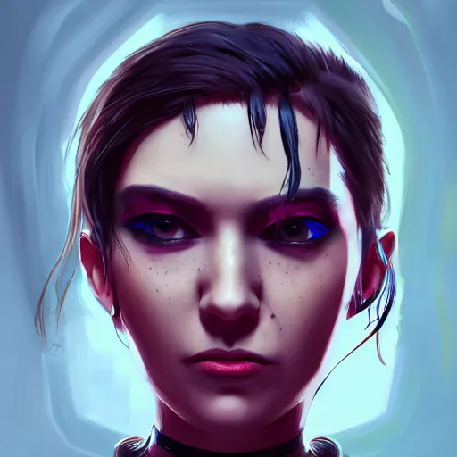 Image similar to headshot artwork of a cyberpunk woman wearing thick steel choker around neck, 4K, detailed face, collar on neck, realistic, artstation, neon,