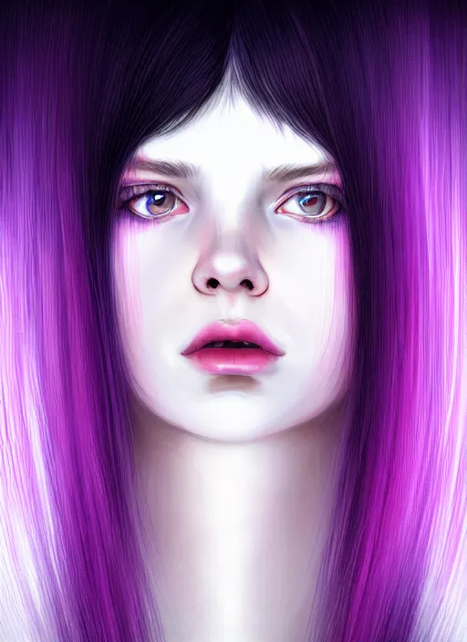 Image similar to hair whitebangs hair, black hair, whitebangs, portrait of teenage girl with white bangs, red irises, purple clothes, white bangs, bangs are different color from hair, intricate, elegant, glowing lights, highly detailed, digital painting, artstation, concept art, smooth, sharp focus, illustration, art by wlop, mars ravelo and greg rutkowski