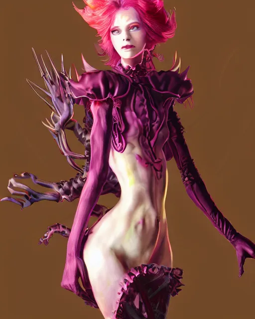 Image similar to satan daughter wearing gown, beautiful, fantasy, colorful, cinematic lighting, artstation, trending, highly detailed, focus, smooth, by hirohiko araki and yoshitaka amano