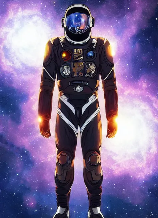 Image similar to handsome black man in an advanced spacesuit in front of exploding nebulae halos, digital illustration trending on artstation by artgerm and rutkowski