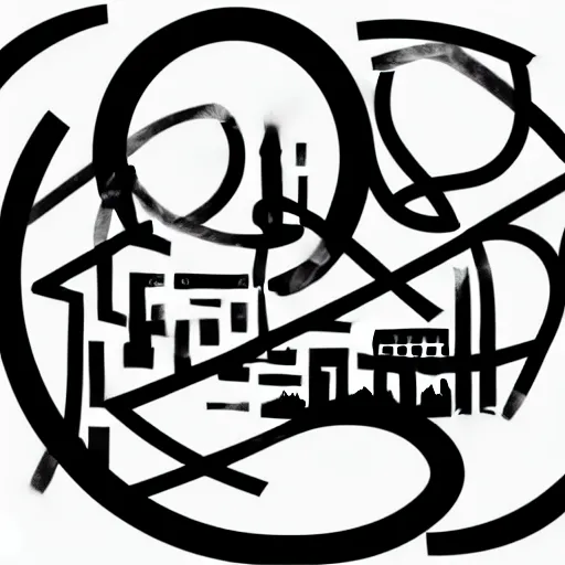 Image similar to a perfect circle, the outer edge of the circle is hugged by the silhouette of a city skyline, black and white, minimalist, in the style of a line drawing