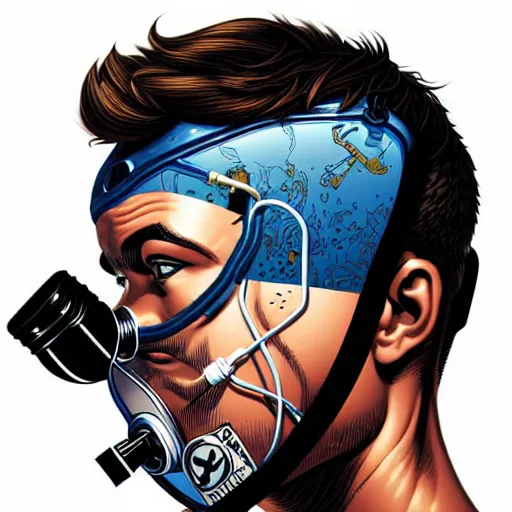 Image similar to portrait of a male diver with a oxygen mask intricate detailed mask with front profile by MARVEL comics and Sandra Chevrier