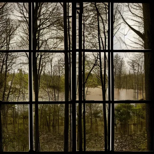 Prompt: View out of 4 picture windows into a dark forest, lit by flood lights at night