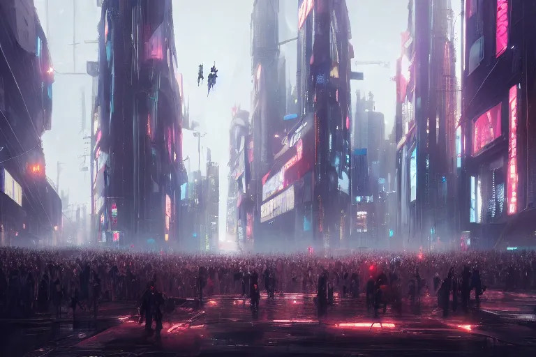 Image similar to a dramatic artstation illustration of a crowd of people at a city intersection bowing to their ai overlords by greg rutkowski, cyberpunk, beautiful,