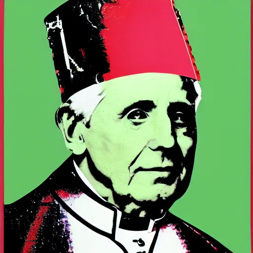 Prompt: portrait of pope benedict xvi wearing tiara on the top of his head in the style of screen print by andy warhol. pop art
