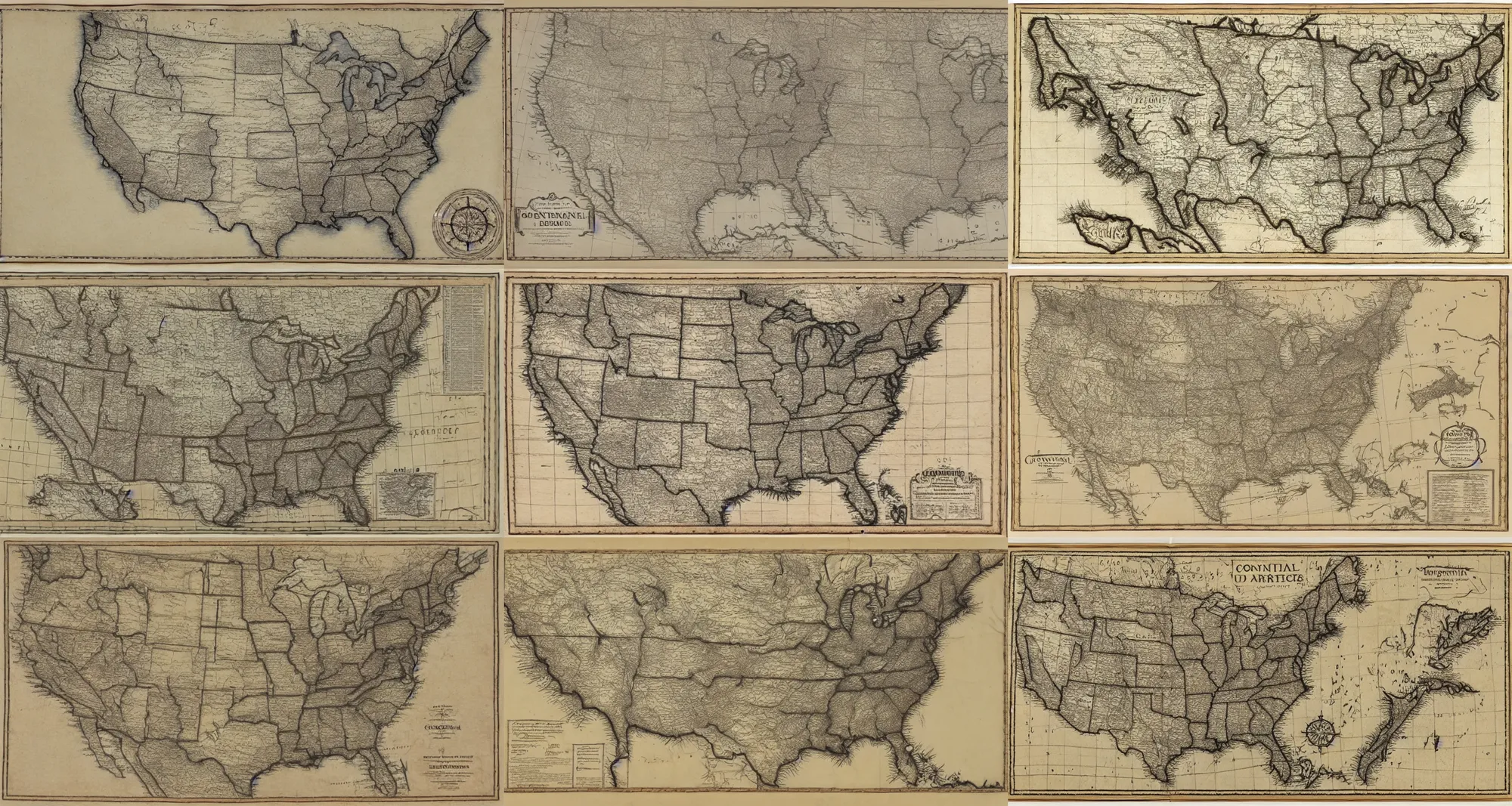 Prompt: Highly detailed hand-drawn map of the continental US on old parchment paper, crowquill pen, battered, coffee stains, draftsmanship, by Durer, by Brom, by Bierstadt,