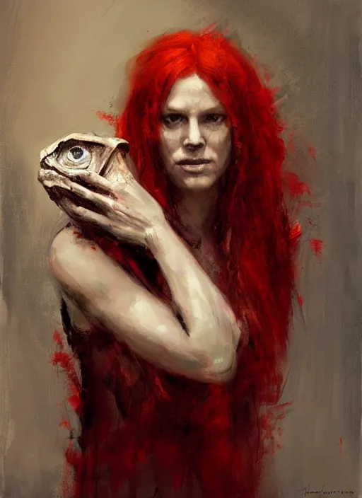 Prompt: portrait painting of beautiful red head ancient irish celtic priestess holding a velociraptor skull, by jeremy mann, only one head single portrait