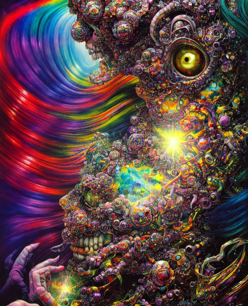 Prompt: realistic detailed image of ultra wrathful rainbow diamond nightmare scientist mega god of chaos, depth perception, depth of field, action horror by lisa frank, ayami, karol bak, neo - gothic, gothic, rich deep colors, part by adrian ghenie and gerhard richter. art by yoshitaka amano. masterpiece