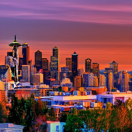 Image similar to view of seattle skyline, hd, style of wlop, golden hour,