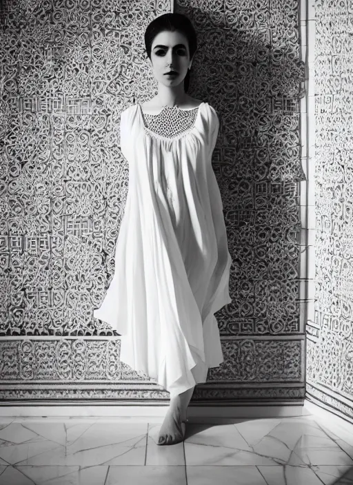 Prompt: a full body portrait of a young beautiful woman wearing an billowing doily dress, face in the style of irakli nadar, inside a white iranian marble temple, soft lighting, film photography