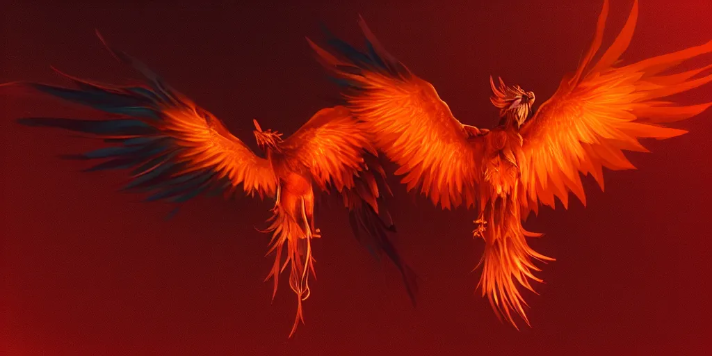 Image similar to artwork of a phoenix, gradient red orange, highly detailed, artstation, night black sky background, smooth illustration, digital art, unreal engine, ultra realistic, fine art, concept art