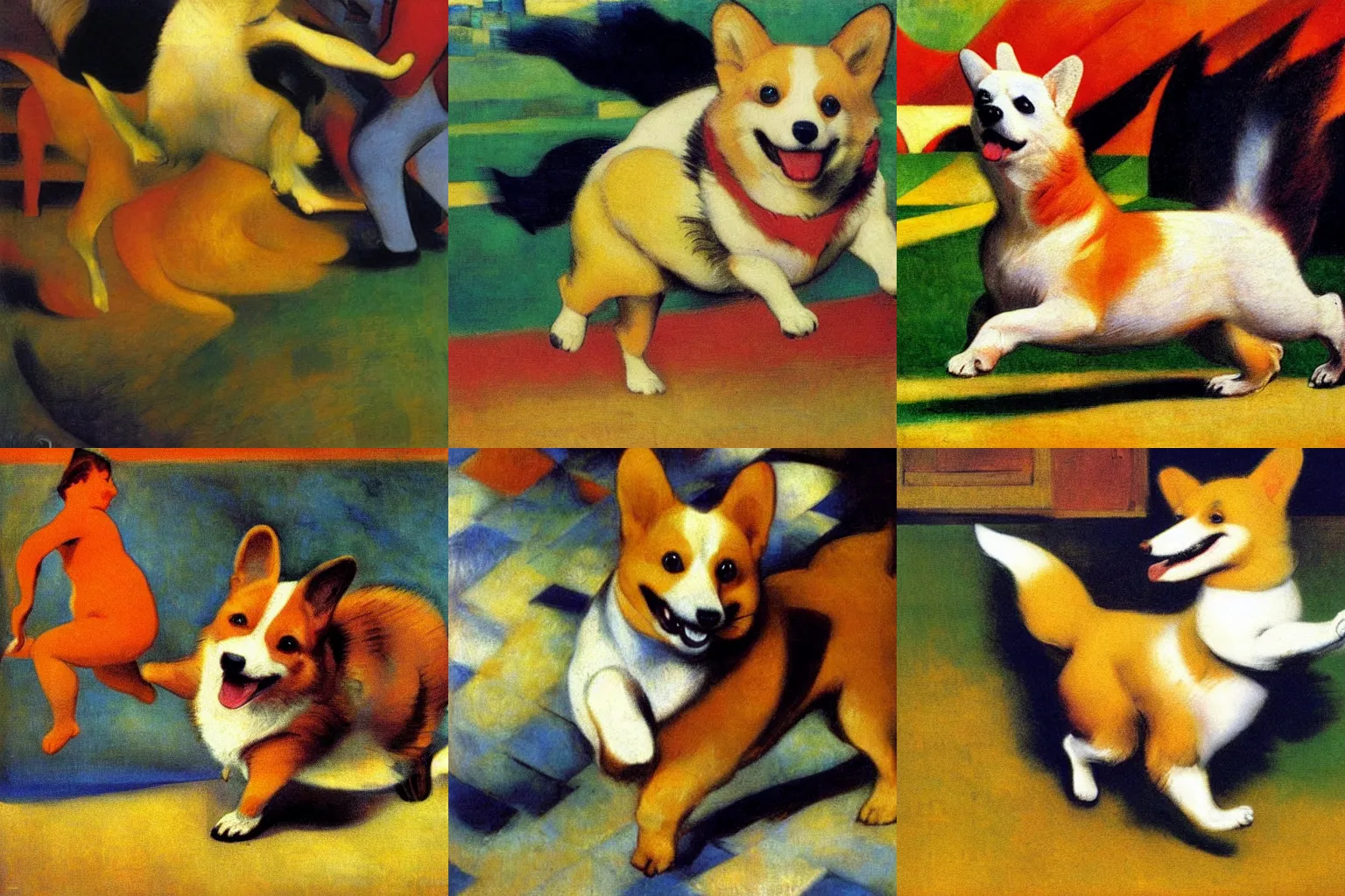 Prompt: a happy dancing corgi, painting by Franz Marc, by Jean-Léon Gérôme, by Winsor McCay, today's featured photograph, 16K