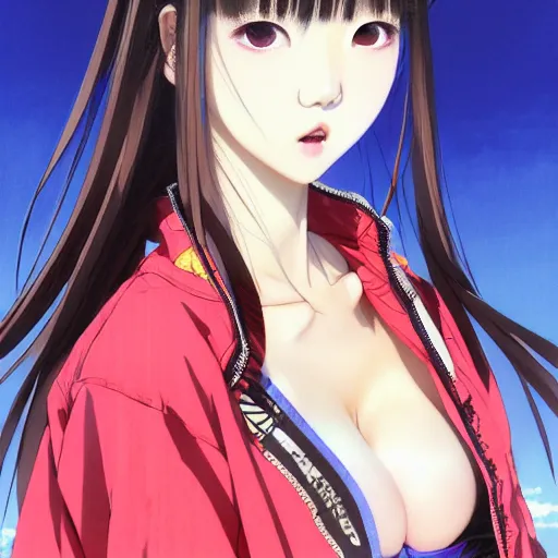 Image similar to a beautiful japanese lalisa alluring gravure model, wearing oversized designer bomber jacket and leotard, bulky poofy bomber jacket with mesoamerican patterns, mesoamerican native street fashion, gapmoe yandere grimdark, trending on pixiv fanbox, painted by greg rutkowski makoto shinkai takashi takeuchi studio ghibli, akihiko yoshida