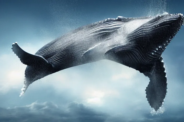 Image similar to ! dream a humpback whale flying in the air over an nfl football stadium ultra detailed realistic photograph cinematic lighting by jessica rossier