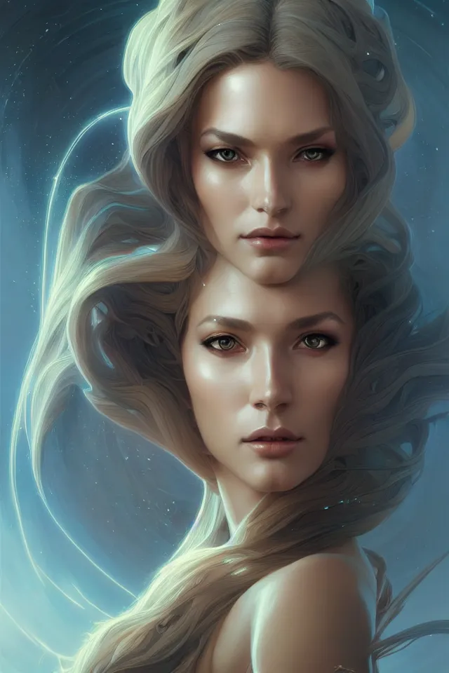 Image similar to futuristic woman portrait, sci-fi, amber eyes, face, long hair, fantasy, intricate, elegant, highly detailed, digital painting, artstation, concept art, smooth, sharp focus, illustration, art by artgerm and greg rutkowski and alphonse mucha