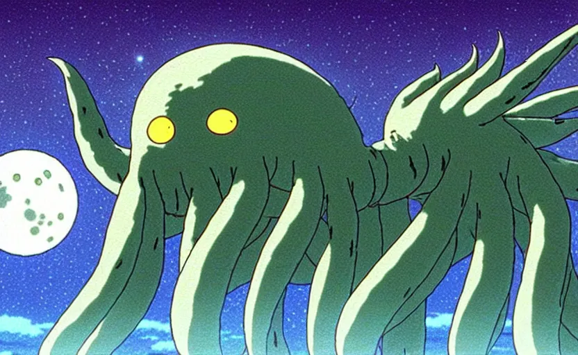 Prompt: a still from a studio ghibli movie of a cartoon cthulhu from princess mononoke ( 1 9 9 7 ) firing laser beams from its eyes in front of a pale full moon, full body, wide shot, very dull muted colors, studio ghibli, highly detailed, deviantart, art by artgem