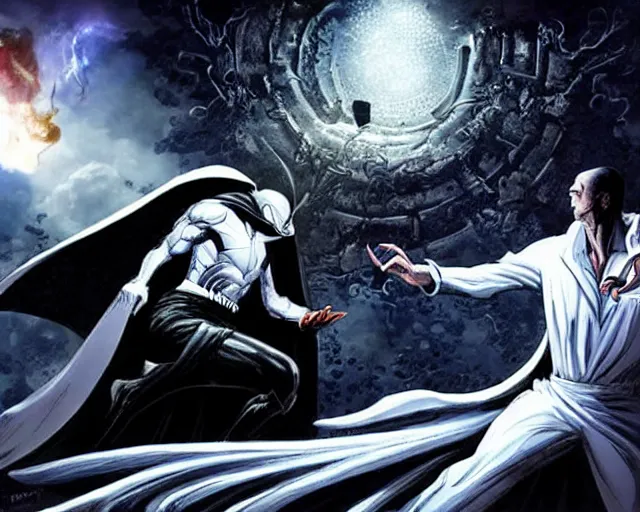 Image similar to fine concept art of moon knight vs dr. strange, in the tv marvel movie moon knight, photorealistic