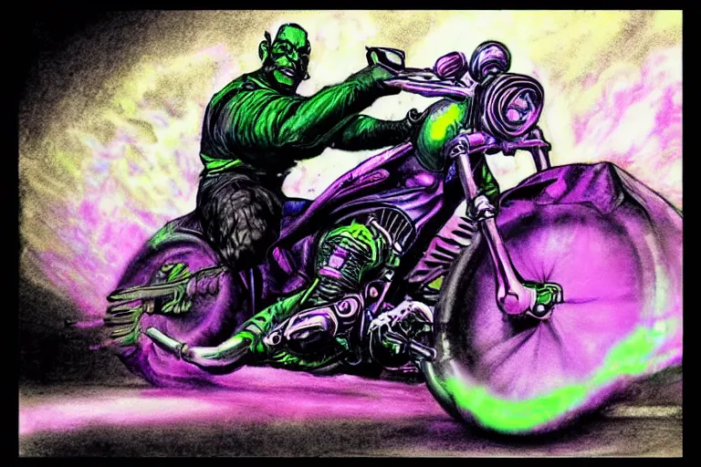 Image similar to high quality cinematic action shot of an orc doing a wheelie on a motorcycle, psychedelic blacklight airbrush art