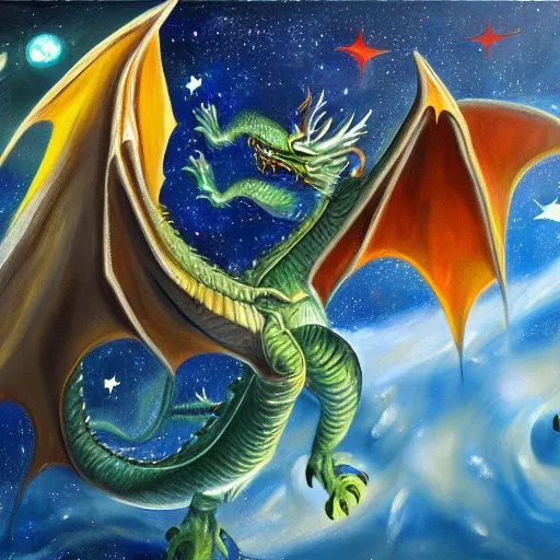 Image similar to dragon in the space, oil painting, trending on art station