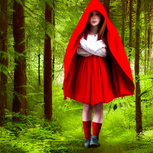 Prompt: little red riding hood in a dark forest, 4k,