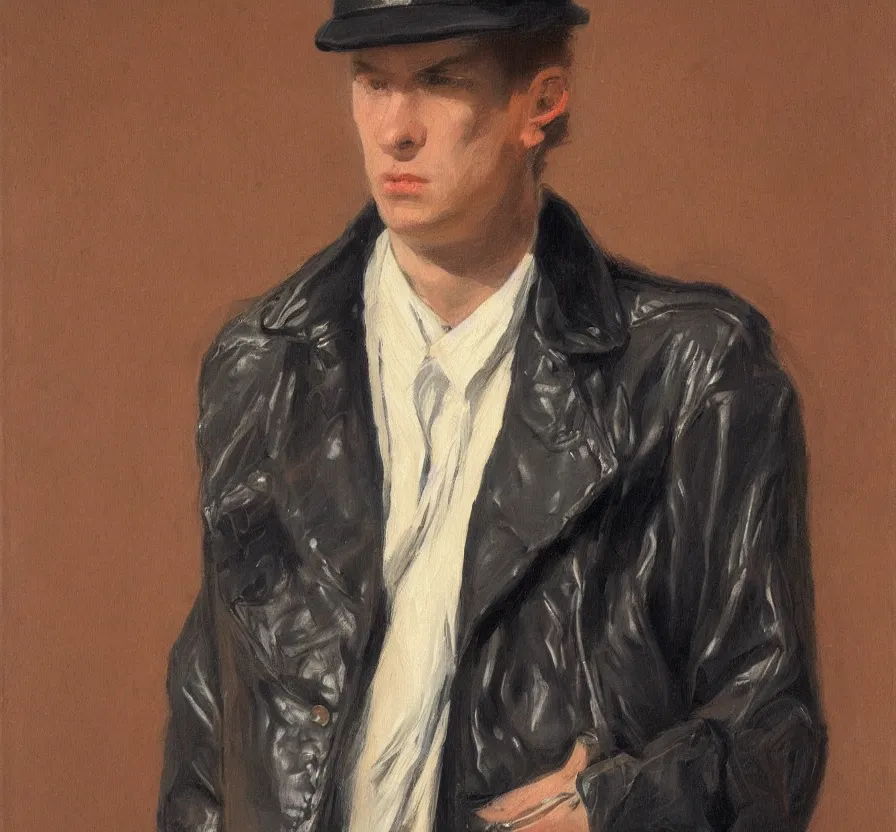 Image similar to a very detailed portrait of a man wearing an 8 0 s jacket with big shoulder pads, very aesthetic leather jacket, detailed closeup of leather jacket, front view, in the style of edward hopper and oswald hornby joseph birley and susan ryder, very small brushstrokes, 4 k,