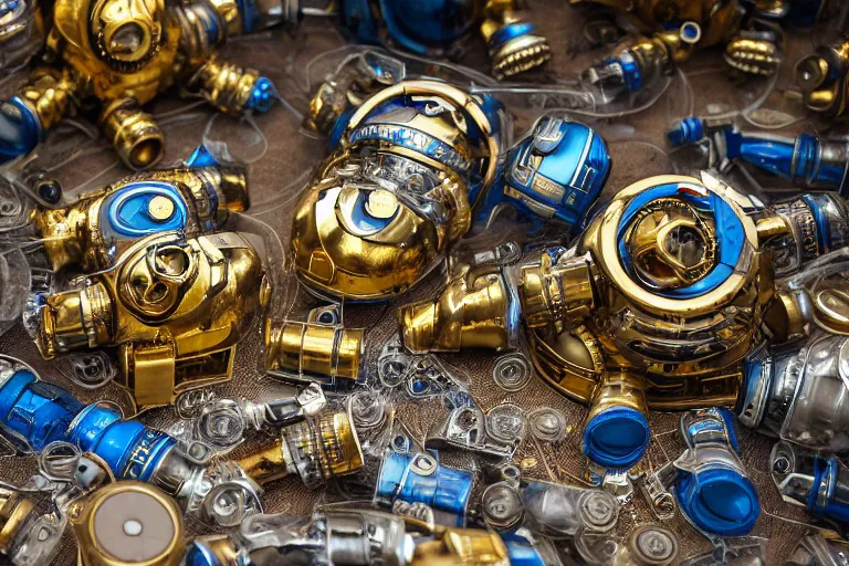 Prompt: 3 shiny golden and blue metallic steampunk humanoid robots with gears and tubes laying in a messed up luxury futuristic hotel room with empty bottles all over the floor, pressphoto, dawn light, insanely detailed, 3 5 mm lens, wide shot