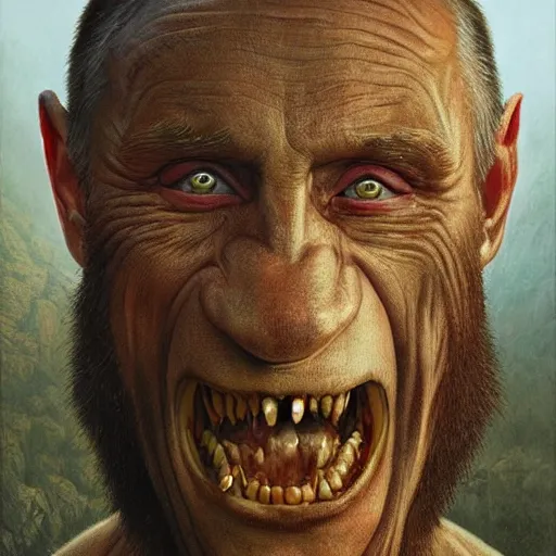 Image similar to vladimir putin, putin is bald prehistoric primate caveman, reptiloid reptile eyes, toothless, missing teeth, horror macabre face, clown nose, by donato giancola and greg rutkowski and wayne barlow and zdzisław beksinski, realistic face, digital art