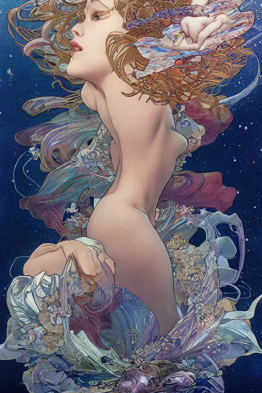 Image similar to swimming through time, by artgerm and yoshitaka amano and moebius and alphonse mucha, hyperdetailed, dc comics, ornate, nebula, explosions in the sky, trending on artstation