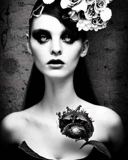 Prompt: a black and white high quality dreamy photo of a young beautiful female queen-pale dragon-vegetal-many big steampunk flowers-cyborg bust with a very long neck, elegant, highly detailed, poetic, soft, dreamy, mysterious, high fashion, rim light, in the style of Ellen von Unwerth, Realistic, Refined, Digital Art, Highly Detailed, Cinematic Lighting, rim light, black and white, photo-realistic, 8K