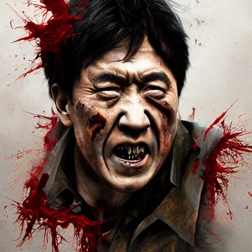 Image similar to a zombie Jackie Chan, by WLOP, horror, wounds, bloody, detailed, realistic, trending on artstation