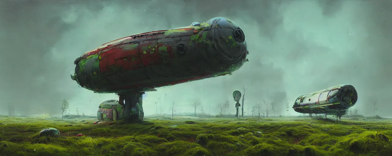 Image similar to hyperealistic painting of scandinavian landscape . giant abandonned spaceship covered with moss. by Simon Stålenhag !