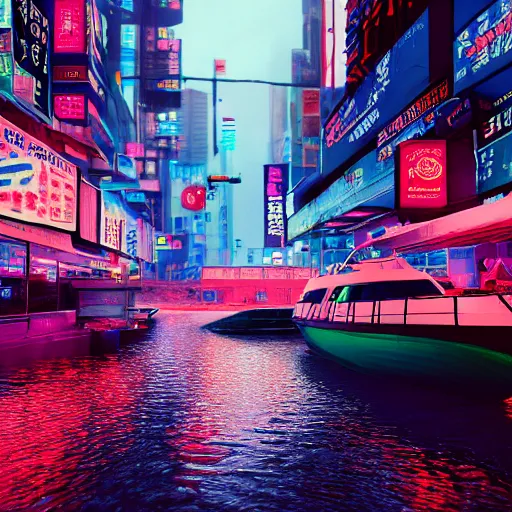 Image similar to cyberpunk flooded rainy south korea, seoul, boat, reflections, cinematic lighting, photorealistic, trending on artstation, storefronts made of neon lights, hyper realistic rendering photography, unreal 5 engine render, ultra wide angle, long shot, 8 k