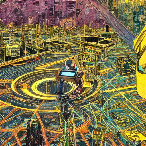 Prompt: hyper detailed aerial top down comic illustration of a man eaten by a machine in the centre of the composition, encircled by cybernetic gateways, by peter doig, very detailed, 4k, highly detailed